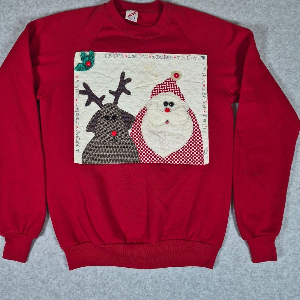 Vintage 90s Jerzees Sweatshirt Unisex Large Red Christmas Santa Applique USA